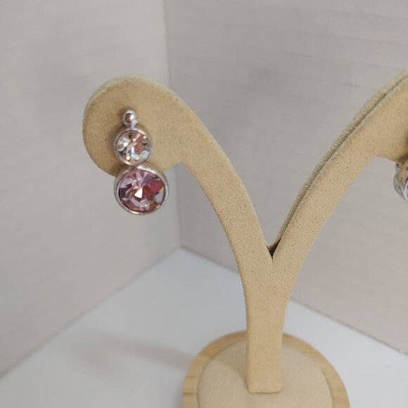 EARRINGS Silver Tone Metal pink Clear Rhinestone Dangle Costume Fashion - Picture 4 of 6
